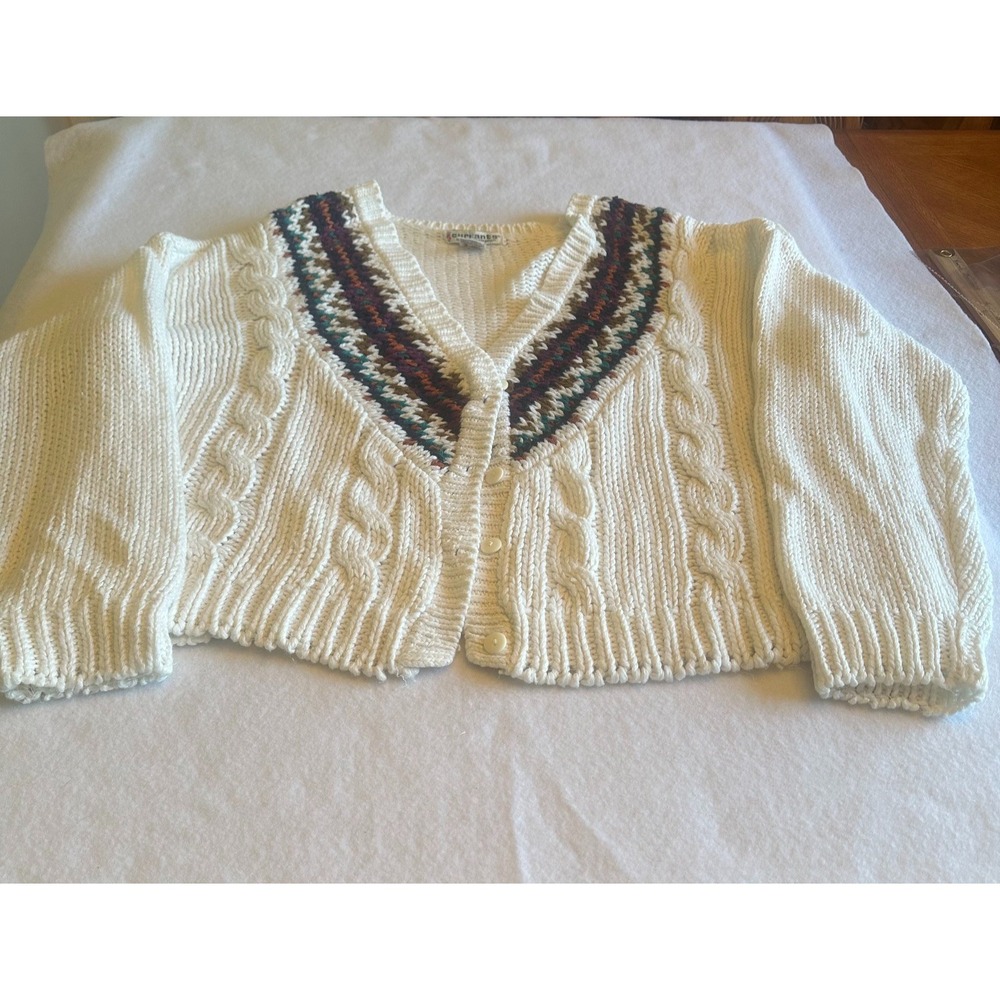 Currants Hand Knit Cream Cable Cardigan Multicolor Trim V-Neck Cropped L